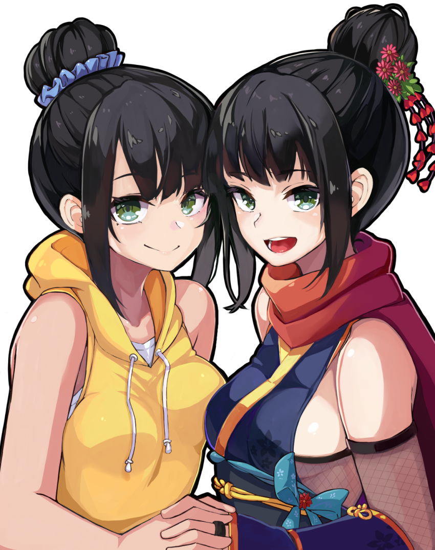 2girls arm_guards bare_shoulders black_hair blue_kimono blue_ribbon blue_scrunchie blunt_bangs bow breasts bridal_gauntlets closed_mouth collarbone dual_persona fishnet_bridal_gauntlets floral_print flower from_side green_eyes hair_bun hair_flower hair_ornament hair_scrunchie hairbow hamaguchi_ayame highres holding_hands hood hood_down hoodie idashige_(walkietalkie) idolmaster idolmaster_cinderella_girls idolmaster_cinderella_girls_starlight_stage interlocked_fingers japanese_clothes kimono long_hair looking_at_viewer medium_breasts multiple_girls ninja obi obiage obijime open_mouth print_ribbon red_flower red_scarf ribbon sash scarf scrunchie shirt side_slit sideboob sidelocks simple_background single_hair_bun sleeveless sleeveless_hoodie sleeveless_kimono smile teeth upper_body upper_teeth_only white_background white_shirt yellow_hoodie