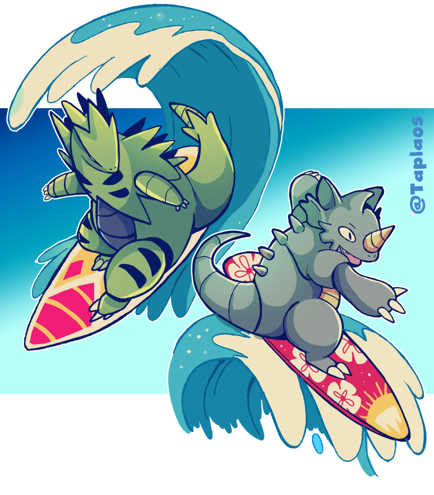 absurdres colored_skin gameplay_mechanics green_skin grey_skin highres no_humans pokemon pokemon_(creature) rhydon surf_(pokemon) surfboard surfing tail taplaos twitter_username tyranitar water