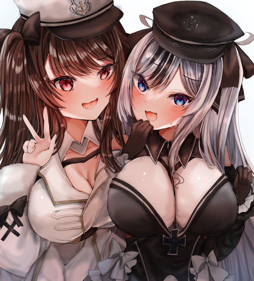 2girls :d azur_lane black_dress black_gloves black_hair black_ribbon blue_eyes blush breast_press breasts brown_hair cleavage coat commentary cross dress elbe_(azur_lane) fur-trimmed_coat fur_trim gloves grey_hair hair_ribbon hand_to_own_mouth hands_up hat highres ichigo_moka iron_cross large_breasts long_hair looking_at_viewer multicolored_hair multiple_girls one_side_up pamiat_merkuria_(azur_lane) pink_eyes red_eyes ribbon smile smug streaked_hair symmetrical_docking trait_connection two-tone_hair upper_body v very_long_hair white_coat white_dress