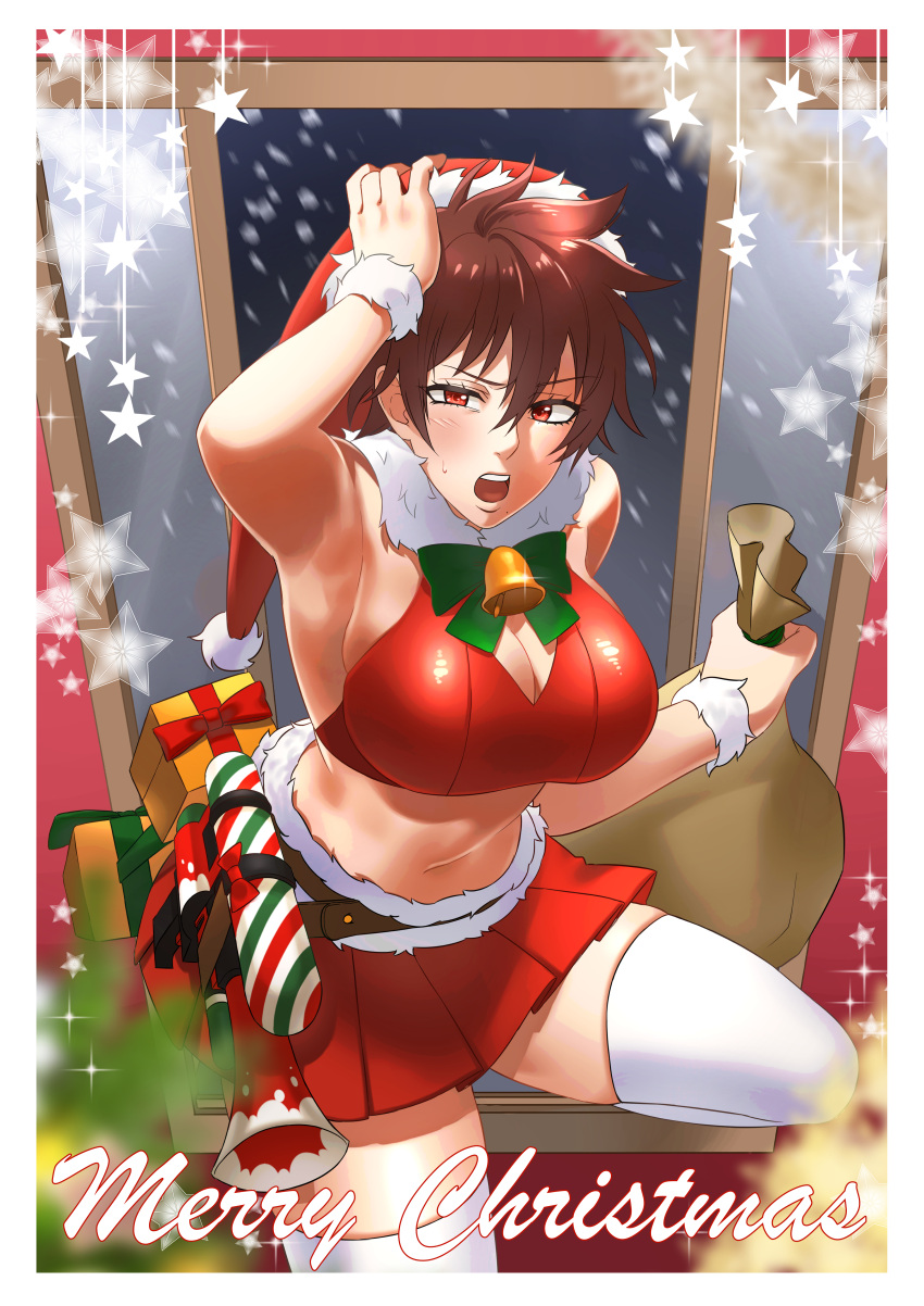 absurdres aragaki_nagisa arm_up armpits breasts brown_hair christmas cleavage female hanebado! hat highres kurokiseow large_breasts looking_at_viewer open_mouth red_eyes red_skirt santa_hat skirt sweat thighhighs tomboy