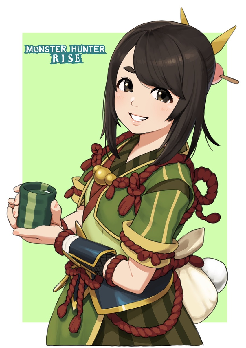 armor blush border brown_eyes brown_hair copyright_name cup female fingernails highres holding holding_cup long_hair looking_at_viewer making-of_available monster_hunter_(series) monster_hunter_rise omaru_gyuunyuu pink_lips pouch sleeves_rolled_up smile solo tea teacup teeth vambraces white_border yomogi_(monster_hunter)