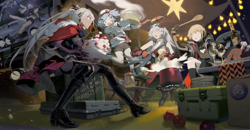 5girls animal_ears apple bad_id bad_twitter_id bare_shoulders black_legwear blonde_hair blue_hair bottle breasts brown_hair charolic_(girls'_frontline_2) chicken_(food) closed_eyes closed_mouth colphne_(girls'_frontline_2) commentary_request cup dark-skinned_female dark_skin drinking_glass fake_animal_ears food fruit full_body girls'_frontline girls'_frontline_2:_exilium gloves goggles goggles_on_head grey_hair hair_between_eyes hair_ribbon hat highres long_hair long_sleeves looking_at_another mayling_shen_(girls'_frontline_2) medium_hair multiple_girls nemesis_(girls'_frontline_2) night one_eye_closed open_mouth orange_eyes ots-14_(girls'_frontline) outdoors ponytail portable_stove purple_eyes rabbit_ears red_eyes red_ribbon ribbon shirt shishio_(shishio5431) shorts sitting standing standing_on_one_leg twintails white_shirt wine_bottle wine_glass