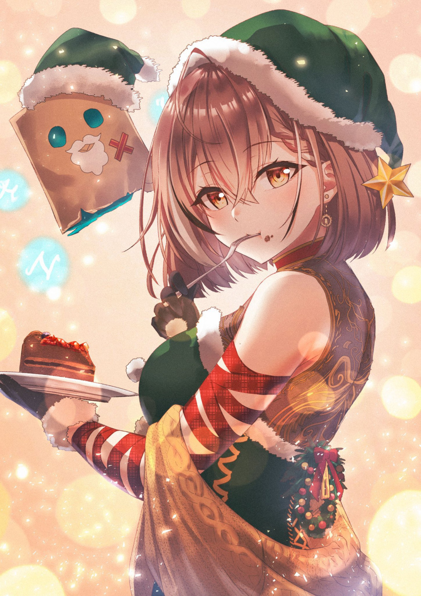 ahoge beard berry black_gloves blurry blush bokeh brown_eyes brown_hair cake chocolate_cake christmas christmas_wreath depth_of_field dress earrings elf_hat embroidered_dress facial_hair female food food_on_face fork friend_(nanashi_mumei) fur-trimmed_dress fur_trim gloves green_headwear green_santa_costume hat highres hololive hololive_english jewelry looking_at_viewer multicolored_hair nanashi_mumei official_alternate_hairstyle plate red_ribbon ribbon santa_costume santa_hat sash short_hair single_earring sleeveless sleeveless_dress smile sparkle star_(symbol) streaked_hair utensil_in_mouth virtual_youtuber weizen wreath yellow_sash