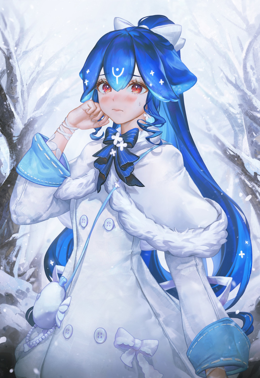 absurdres artofkuzu bao_(vtuber) bao_(vtuber)_(3rd_costume) bare_tree blue_bow blush bow capelet english_commentary female fur_trim highres indie_virtual_youtuber jacket long_hair looking_at_viewer ponytail pouch snow snowing solo sweatdrop tree very_long_hair virtual_youtuber white_bow white_capelet white_jacket