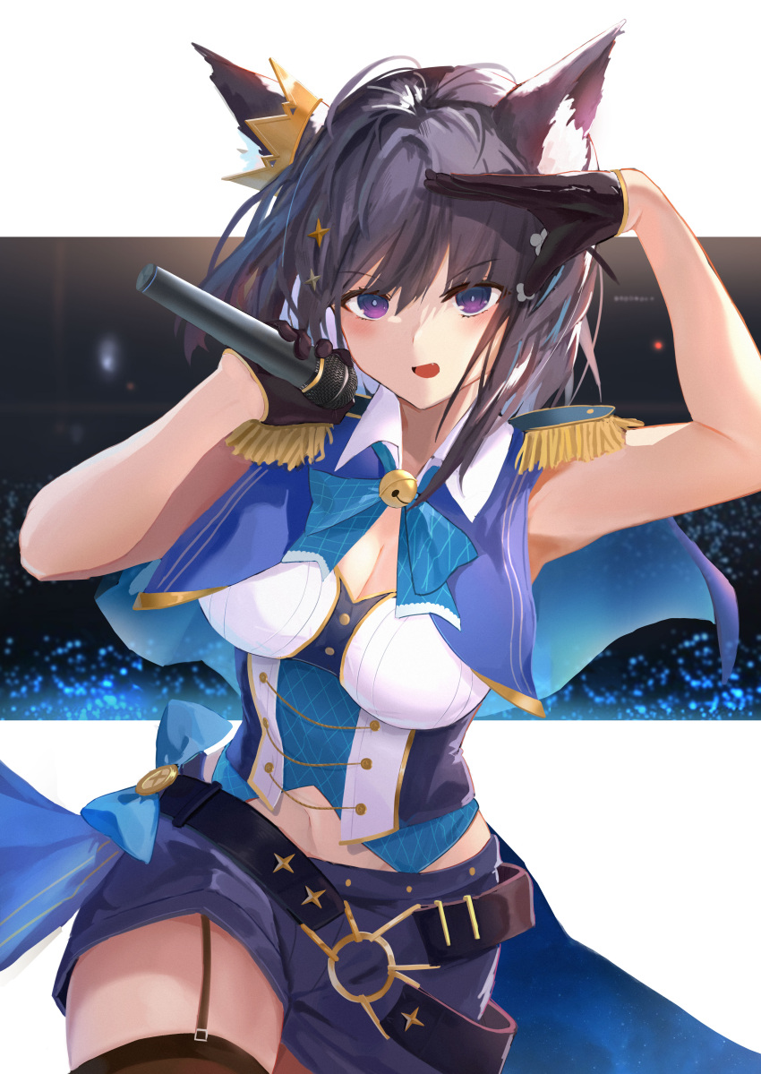 absurdres animal_ear_fluff animal_ears armpits bare_arms bell belt black_gloves black_hair black_thighhighs blue_bow blue_bowtie blue_capelet blue_hair blue_shorts bow bowtie breasts capelet cat_ears cat_girl chinese_commentary cleavage colored_inner_hair commentary_request crown epaulettes female flower frown garter_straps gloves hair_flower hair_ornament hand_up highres holding holding_microphone hoshina_suzu large_breasts letterboxed loose_belt medium_hair microphone mini_crown multicolored_hair music navel neck_bell outside_border purple_eyes short_shorts shorts singing solo sparkle_hair_ornament thighhighs tkim underbust virtual_youtuber wactor_production wing_collar