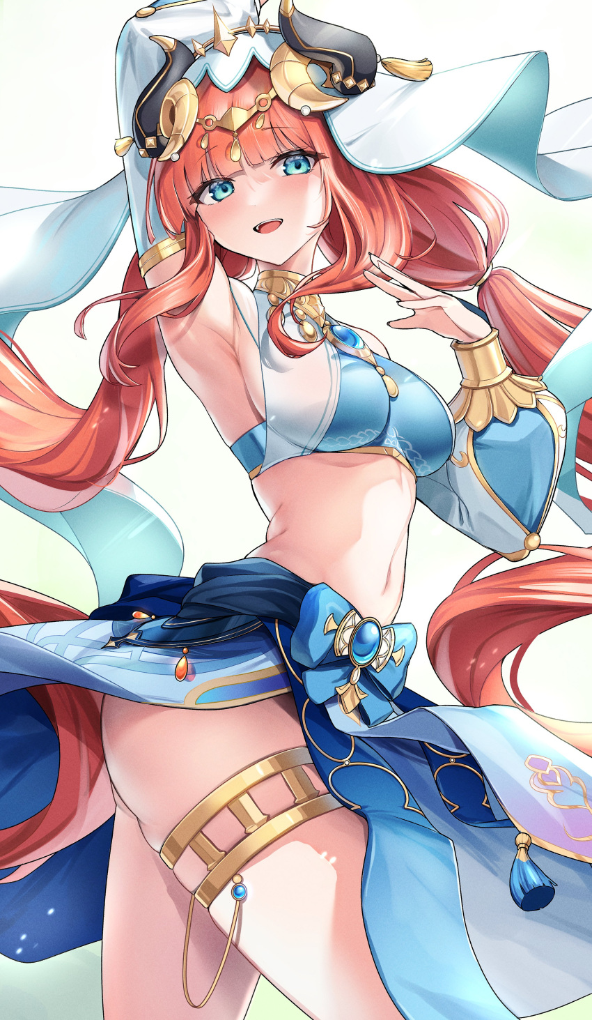 absurdres arm_up armpits ass blue_eyes blue_gemstone blunt_bangs bracer breasts brooch circlet cowboy_shot crop_top dancer detached_sleeves fake_horns female floating_hair gem genshin_impact gold_trim gu_luco hand_up harem_outfit highres horns jewelry long_hair looking_at_viewer low_twintails medium_breasts navel nilou_(genshin_impact) open_mouth parted_bangs red_hair shirt sideboob sidelocks skirt sleeveless sleeveless_shirt smile solo stomach tassel teeth thighlet thighs twintails upper_teeth_only veil very_long_hair vision_(genshin_impact) white_headwear white_sleeves white_veil