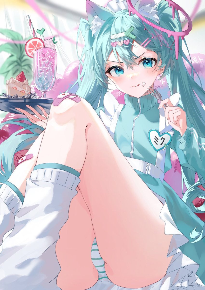 alternate_costume animal_ears aqua_eyes aqua_hair aqua_jacket bandages cake drink eiihleeinq8wzfl female food fork halo hatsune_miku highres holding holding_fork jacket jersey_maid maid maid_headdress panties pink_halo socks striped_clothes striped_panties twintails unconventional_maid underwear vocaloid white_socks