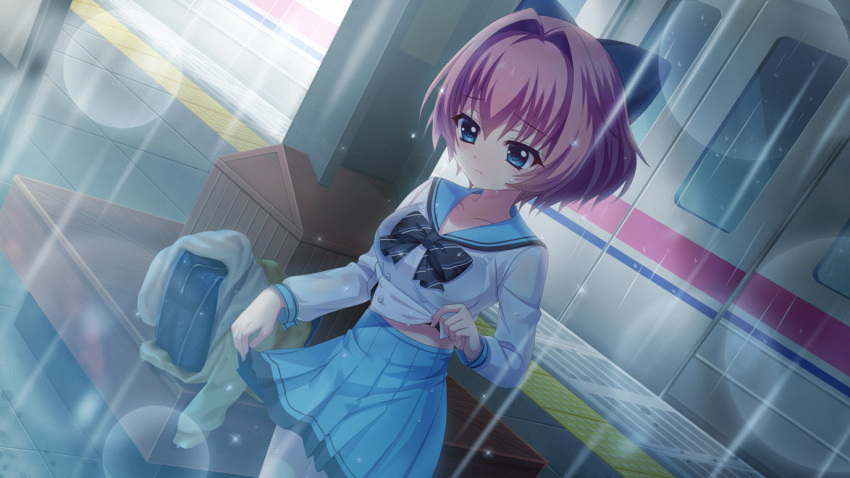 bag black_bag black_bow black_bra blue_eyes blue_sailor_collar blue_skirt bow bra bra_visible_through_clothes breasts closed_mouth collarbone diagonal-striped_bow dot_nose dutch_angle female film_grain frown game_cg hair_intakes hairbow handbag hiiragi_kae izumi_tsubasu large_bow large_breasts lens_flare long_sleeves marehoshi_academy_school_uniform midriff_peek non-web_source official_art pantyhose pink_hair rain re:stage! sailor_collar school_uniform serafuku shirt shirt_hold short_hair skirt skirt_hold solo sparkle sweater train train_station_platform underwear unworn_sweater wet wet_clothes wet_shirt white_pantyhose white_shirt winter_uniform yellow_sweater