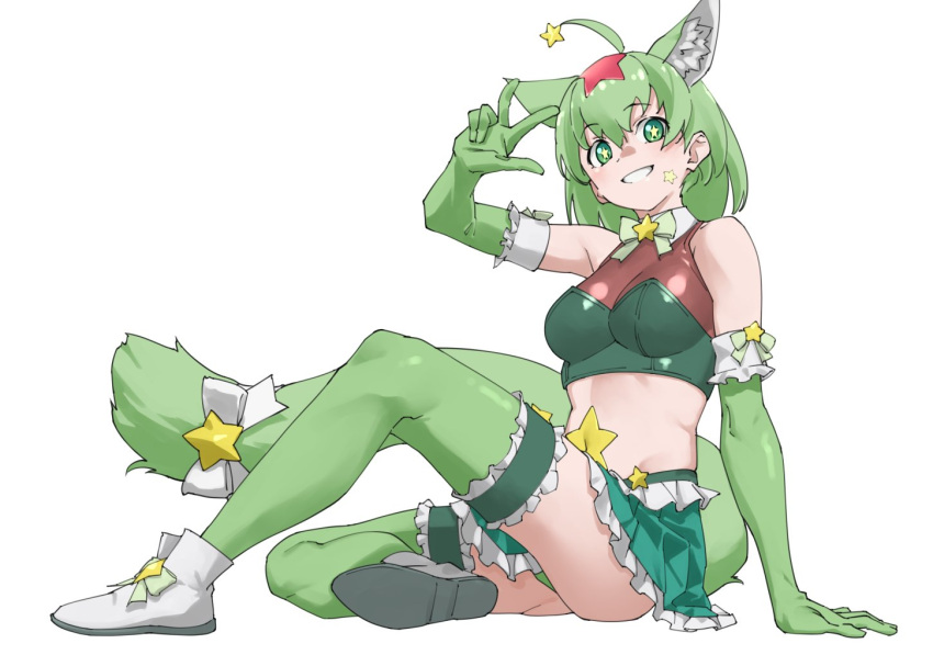 ahoge animal_ear_fluff animal_ears bare_shoulders bodystocking breasts character_request commentary_request covered_navel female full_body gloves green_eyes green_gloves green_hair green_skirt green_thighhighs green_tube_top keroro keroro_gunsou medium_breasts medium_hair miniskirt pleated_skirt simple_background skirt solo star_(symbol) strapless tail tanabe_(fueisei) thighhighs tube_top w white_background