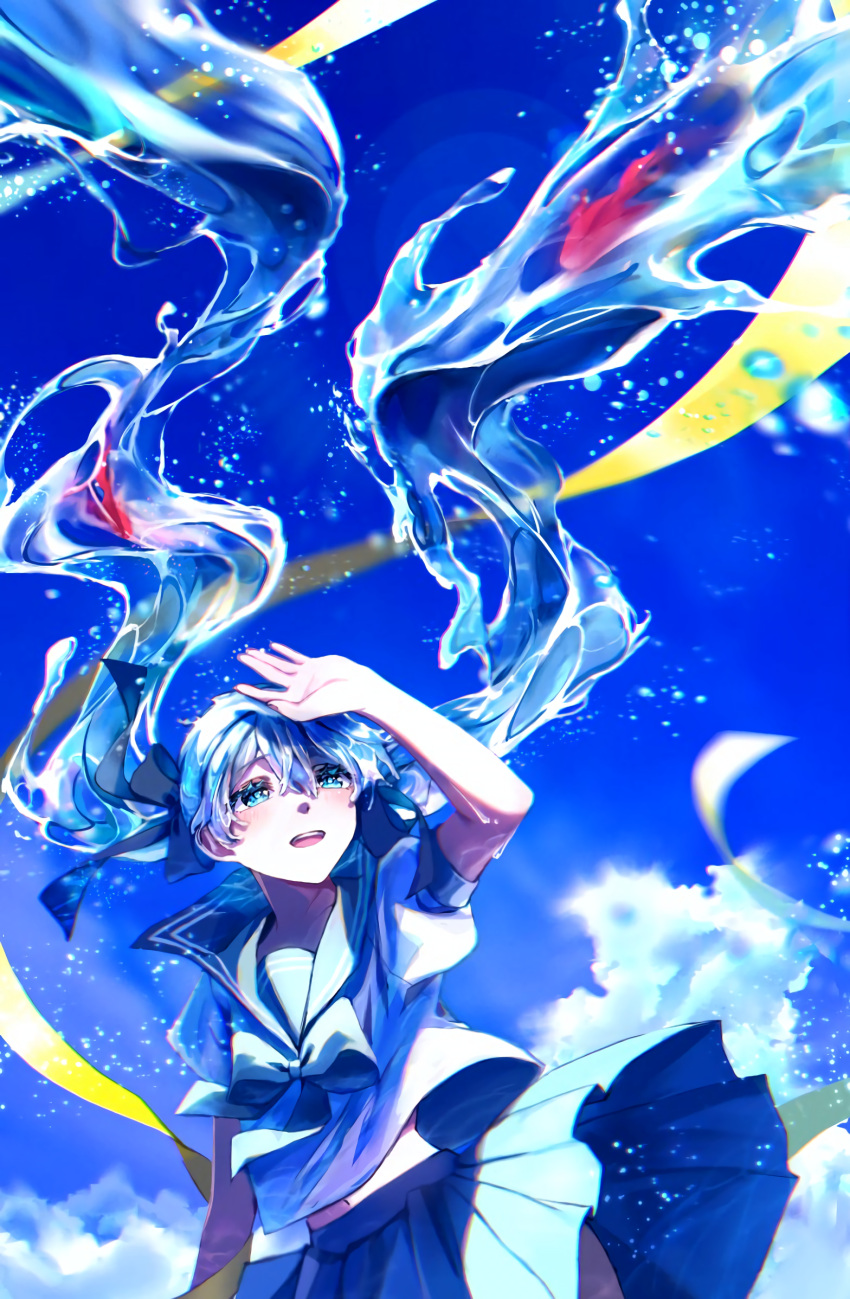 aqua_eyes arm_up black_bow blue_hair blue_skirt blue_sky blush bottle_miku bow bowtie cloud commentary dutch_angle female fish hair_floating_upwards hairbow hatsune_miku highres liquid_hair long_hair looking_up midriff_peek nekozamurai0929 open_mouth pleated_skirt puffy_short_sleeves puffy_sleeves ribbon sailor_collar school_uniform serafuku shirt short_sleeves skirt sky solo standing very_long_hair vocaloid water_drop wind wind_lift yellow_ribbon