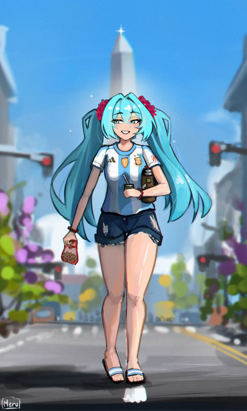 absurdres aqua_eyes aqua_hair argentina artist_name bare_legs blue_shorts blurry blurry_background female flower hair_between_eyes hair_flower hair_ornament hatsune_miku highres holding long_hair m3ru outdoors parted_lips print_shirt sandals shadow shirt short_sleeves shorts smile solo torn_clothes torn_shorts twintails very_long_hair vocaloid walking wide_shot