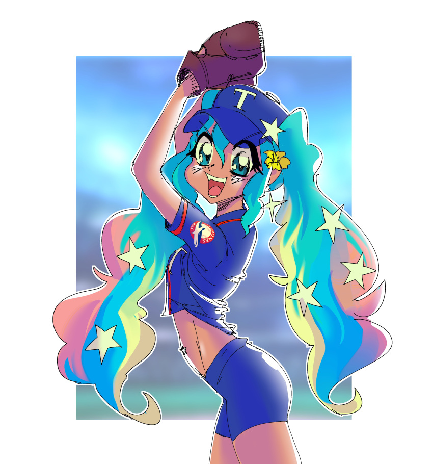 absurdres aqua_eyes aqua_hair baseball_cap baseball_mitt blonde_hair blue_hair blue_hat blue_shirt blue_shorts cowboy_shot cropped_shirt female flower from_side hair_flower hair_ornament hat hatsune_miku highres long_hair looking_at_viewer midriff multicolored_hair print_shirt ramrat red_hair shirt shorts solo star_(symbol) star_hair_ornament twintails venezuela venezuelan_miku_(mulemount) very_long_hair vocaloid yellow_flower