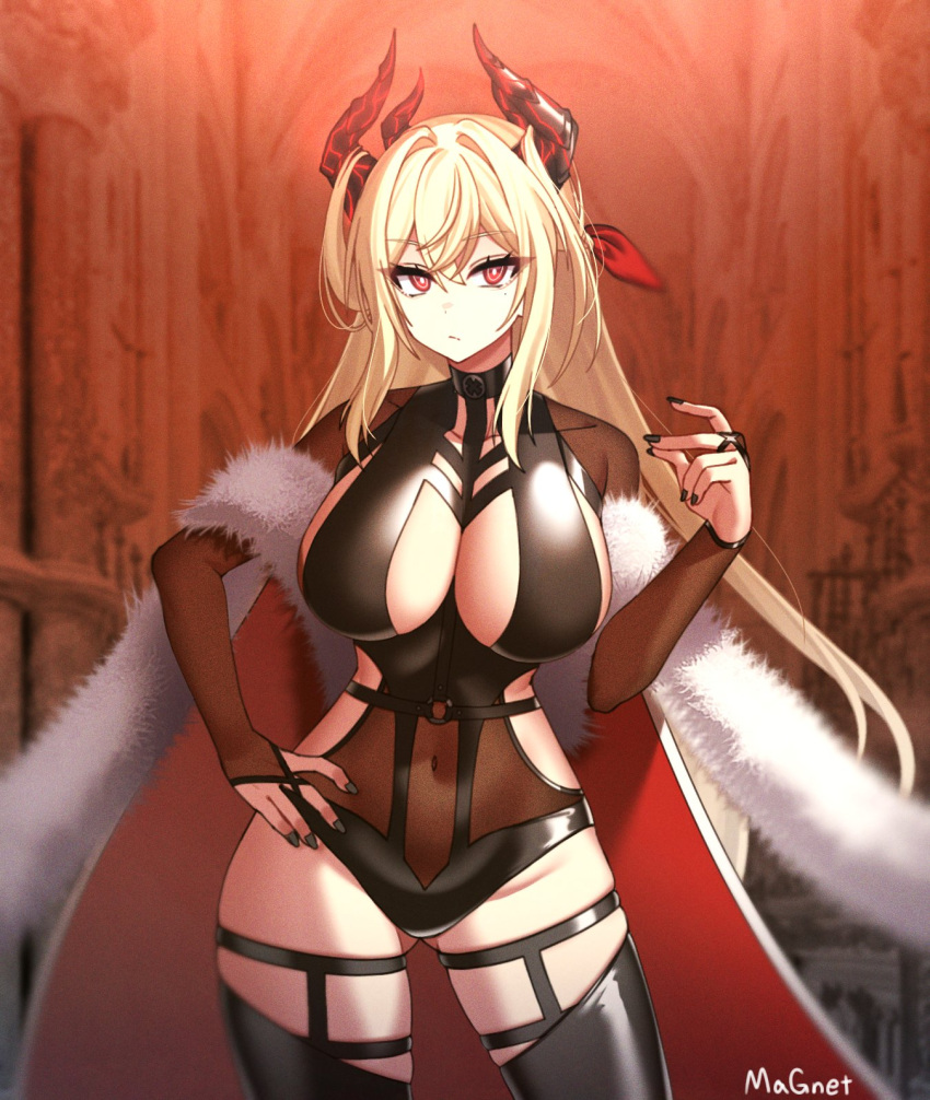 architecture ass_visible_through_thighs between_breasts black_leotard black_nails black_thighhighs blonde_hair blurry breasts bright_pupils cape clothing_cutout commentary contrapposto counter:side covered_collarbone covered_navel cowboy_shot demon_horns depth_of_field dot_nose ecclesia_(counter:side) female fingernails fur_scarf groin hair_between_eyes hair_intakes hand_on_own_hip highres horns large_breasts leotard light_frown long_fingernails long_hair looking_at_viewer magnet_(akwlspt) mole mole_under_eye multiple_horns o-ring official_alternate_costume red_cape red_eyes ringed_eyes side_cutout sideboob_cutout skindentation solo standing strap_between_breasts thighhighs white_pupils