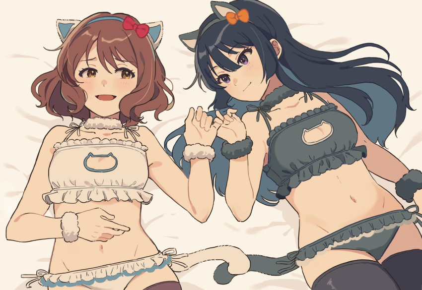 2girls animal_ear_hairband animal_ears bare_arms black_bra black_hair black_panties black_thighhighs blush bow bra bracelet breasts brown_eyes brown_hair cat_cutout cat_ears cat_lingerie cat_tail cleavage cleavage_cutout closed_mouth clothing_cutout commentary_request detached_collar fake_animal_ears fake_tail frilled_bra frilled_panties frills groin hairband hairbow hibike!_euphonium highres jewelry kousaka_reina long_hair looking_at_another lying medium_hair meme_attire multiple_girls navel on_back on_bed open_mouth orange_bow oumae_kumiko panties pinky_swear purple_eyes red_bow small_breasts smile tail thighhighs underwear underwear_only white_bra white_panties yureru_300 yuri