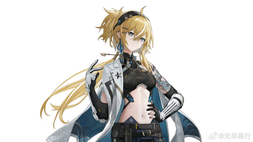 arm_out_of_sleeve arm_tattoo bare_shoulders belt belt_pouch black_belt black_gloves black_hairband black_shirt blonde_hair blue_eyes blue_ribbon breasts crop_top ear_ribbon female gloves hairband hand_on_own_hip hand_up highres jacket leonie_(punishing:_gray_raven) long_hair looking_at_viewer low_ponytail medium_breasts navel official_art partially_fingerless_gloves pouch punishing:_gray_raven ribbon shirt single_bare_shoulder sleeveless sleeveless_shirt smile solo stomach symbol-shaped_pupils tattoo underboob upper_body weibo_logo weibo_watermark white_background white_jacket wu_lun_wujin x-shaped_pupils