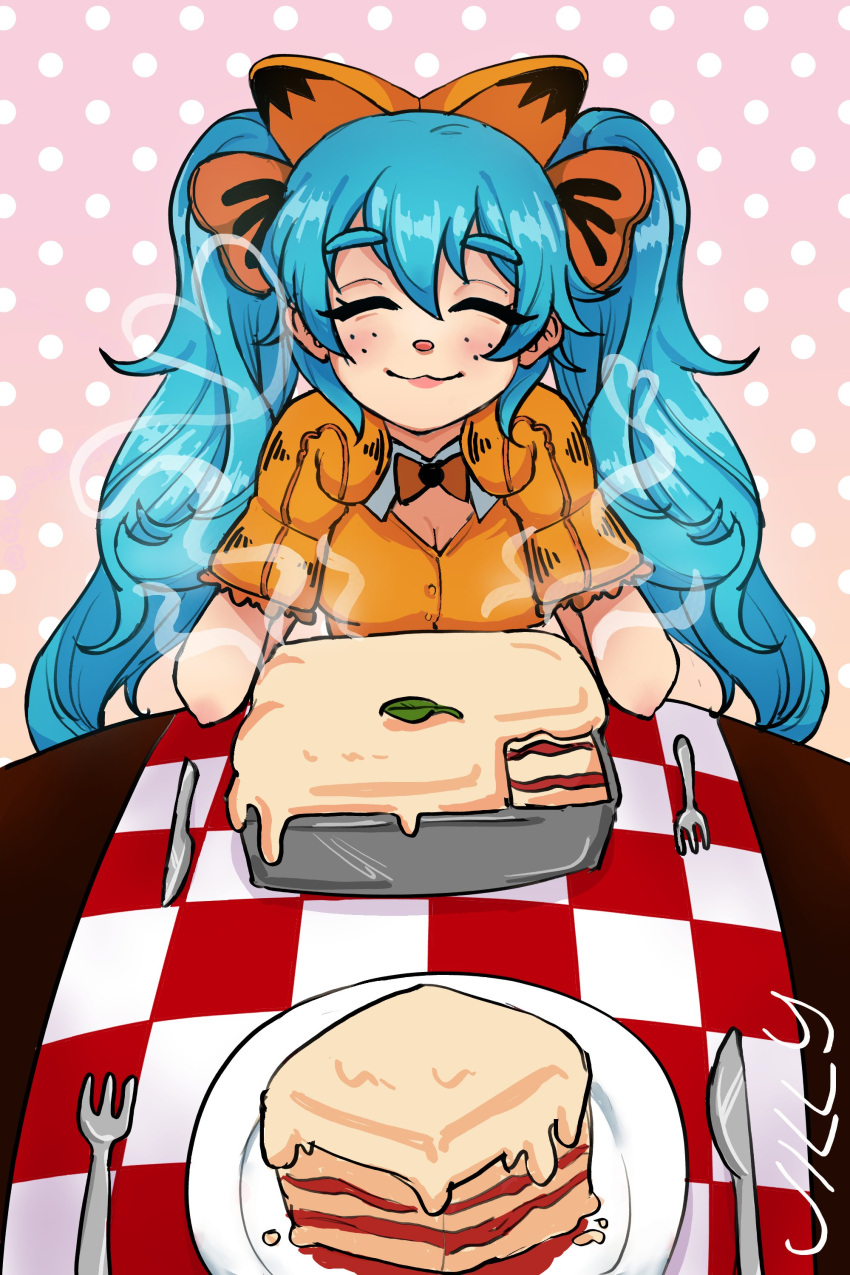 :3 absurdres animal_ears animal_hands aqua_hair bow bowtie breasts cat_ears cleavage closed_eyes closed_mouth cosplay fake_animal_ears female food fork freckles garfield garfield_(character) garfield_(character)_(cosplay) gloves hatsune_miku highres jilly_(jillyplush) knife lasagne long_hair orange_bow orange_bowtie orange_gloves orange_shirt paw_gloves shirt solo table twintails vocaloid