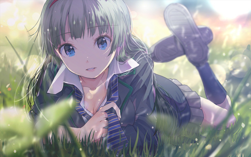 blue_eyes blue_necktie blue_socks blunt_bangs blurry breasts cleavage collarbone depth_of_field dot_nose female green_hair green_jacket grey_skirt hairband holding holding_jewelry holding_necklace idolmaster idolmaster_million_live! idolmaster_million_live!_theater_days jacket jewelry lens_flare lens_flare_abuse long_hair long_sleeves looking_at_viewer lying medium_breasts miniskirt necklace necktie on_grass on_stomach parted_lips pleated_skirt red_hairband school_uniform shimabara_elena shirt shoe_soles shoes skirt smile socks solo striped_necktie white_shirt yae_(mono110)