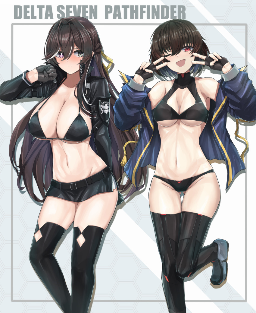 2girls ;d absurdres ass_visible_through_thighs bare_shoulders belt bikini black_belt black_bikini black_gloves black_jacket black_thighhighs blue_jacket blush boots breasts bright_pupils brown_hair cleavage cleavage_cutout clothing_cutout collared_jacket commentary counter:side diamond_cutout double_inward_v double_v emblem fingerless_gloves gloves grey_background grey_eyes groin group_name hair_between_eyes half_gloves half_up_braid halterneck heterochromia highleg highleg_bikini highres honeycomb_(pattern) honeycomb_background jacket joo_shiyoung karin_wong large_breasts leg_up light_frown long_hair long_sleeves looking_at_another looking_at_viewer lowleg lowleg_skirt medium_breasts medium_hair microskirt msto multicolored_hair multiple_girls navel one_eye_closed open_clothes open_jacket outside_border purple_eyes red_eyes sideways_glance skirt smile stomach streaked_hair swimsuit thighhighs v white_background white_hair white_pupils