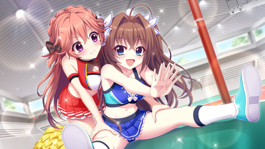 >:) 2girls ahoge aqua_footwear assisted_stretching black_bow bleachers blue_eyes blue_skirt blush bow braid breasts brown_hair ceiling_light cheerleader cleavage cleavage_cutout closed_mouth clothing_cutout collarbone crop_top crown_braid dot_nose dutch_angle film_grain game_cg haeno_akari hair_intakes hairbow hands_on_another's_thighs indoors izumi_tsubasu large_breasts lens_flare long_hair midriff miniskirt multiple_girls navel non-web_source oerba_yun_fang official_art open_mouth orange_hair outstretched_arms pom_pom_(cheerleading) purple_eyes re:stage! reaching red_skirt reflective_floor shikimiya_aone shoes sitting skirt sleeveless smile socks sparkle spread_legs stretching two_side_up v-shaped_eyebrows volleyball_net white_socks window