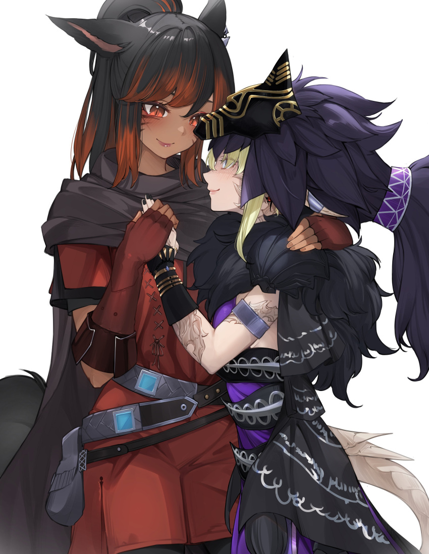 2girls absurdres animal_ears armband au_ra belt belt_pouch black_hair black_pants blonde_hair cat_ears cat_girl cat_tail cloak commission couple dark-skinned_female dark_skin dragon_girl dragon_horns dragon_tail dress earrings facial_mark final_fantasy final_fantasy_xiv fingerless_gloves fur_trim gloves headgear height_difference highres holding_hands horns hug jewelry miqo'te multicolored_hair multiple_girls pants ponytail pouch purple_dress red_eyes red_shirt ritence shirt short_sleeves slit_pupils streaked_hair tail warrior_of_light_(ff14) whisker_markings white_scales wolf_mask yuri