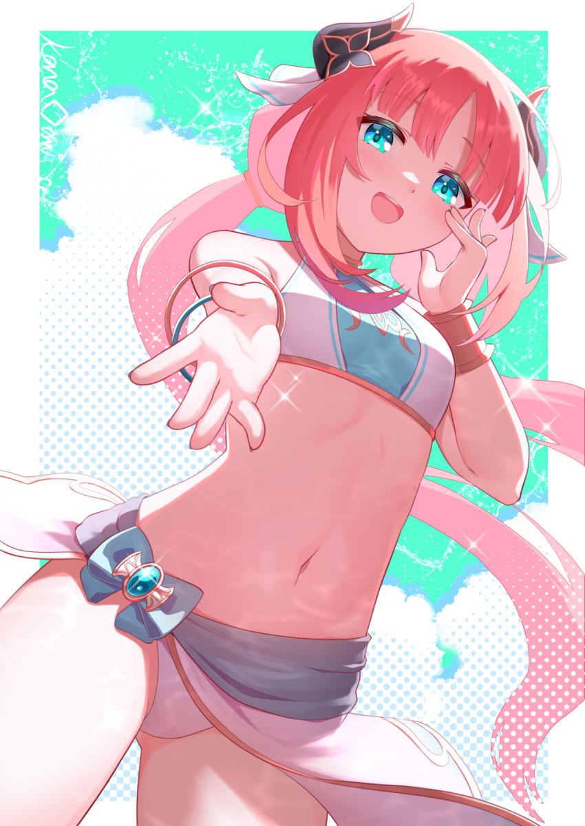 aqua_eyes bikini blush breasts fake_horns female genshin_impact highres horns jewelry kana_ami long_hair looking_at_viewer medium_breasts navel nilou_(genshin_impact) open_mouth red_hair small_breasts smile solo stomach swimsuit veil white_bikini