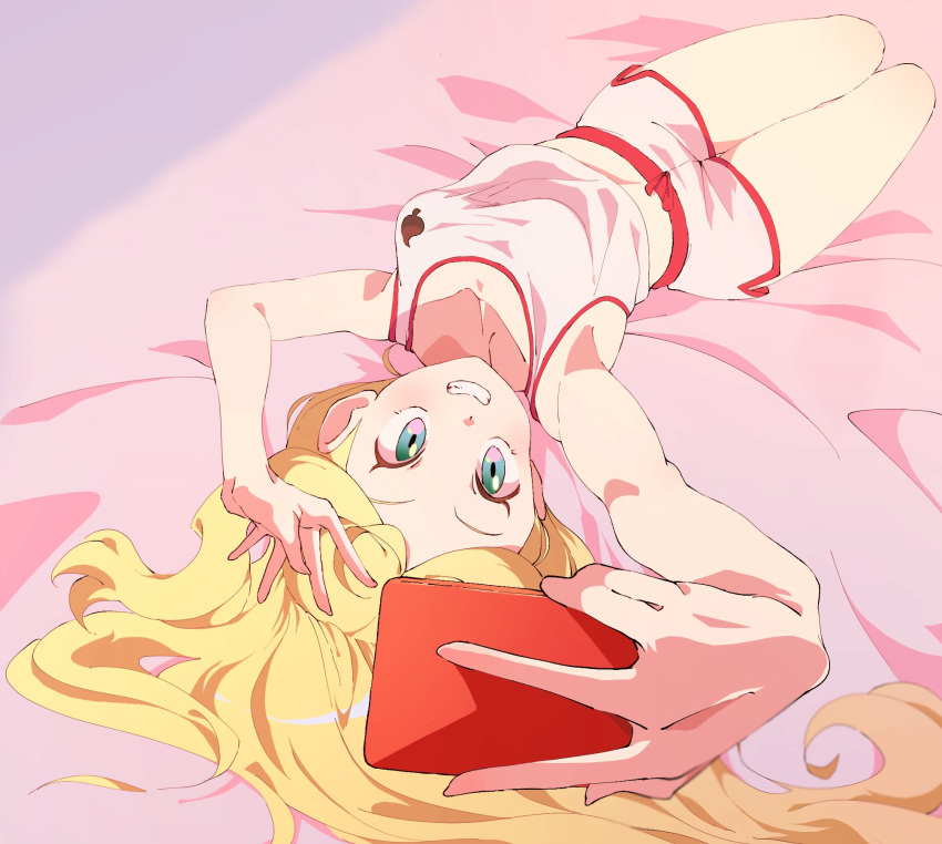 blonde_hair blue_eyes collarbone dolphin_shorts female highres holding holding_phone korrina_(pokemon) long_hair lying me_(thesad0818) midriff phone pink_background pokemon pokemon_xy selfie shorts solo tank_top teeth very_long_hair white_shorts