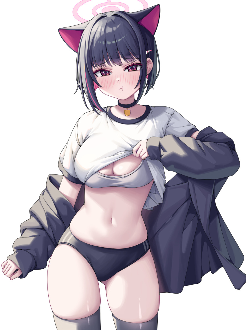 :t animal_ears black_buruma black_hair black_jacket blue_archive blush bra breasts buruma cat_choker cat_ears closed_mouth clothes_lift colored_inner_hair commentary_request extra_ears female grey_thighhighs gym_shirt gym_uniform hair_behind_ear hair_ornament hairclip halo highres jacket kazusa_(blue_archive) large_breasts lifting_own_clothes long_sleeves looking_at_viewer medium_hair metaljelly multicolored_hair navel pink_eyes pink_hair pink_halo pout shirt shirt_lift short_sleeves simple_background sleeves_past_wrists solo stomach streaked_hair thighhighs thighs two-tone_hair underwear white_background white_bra white_shirt