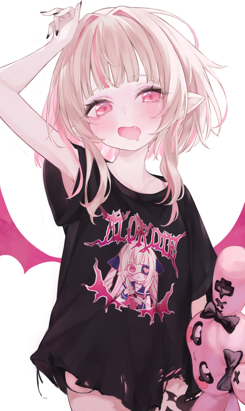 absurdres armpit_peek black_nails black_shirt blunt_bangs blush demon_wings drooling female grey_hair highres irisu-chan_(yumemiruk) leg_tattoo makaino_ririmu mouth_drool multicolored_hair nail_polish nijisanji no_pants oerba_yun_fang pink_hair pink_wings pointy_ears rabbit red_eyes shirt short_hair simple_background solo standing streaked_hair stuffed_animal stuffed_toy t-shirt tattoo torn_clothes torn_shirt two-tone_hair virtual_youtuber white_background wings yawning