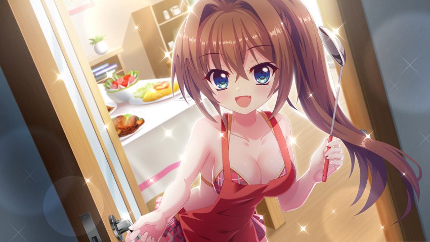 alternate_hairstyle apron bikini bikini_skirt blue_eyes book book_stack breasts brown_hair cabinet cleavage collarbone dinner dot_nose dutch_angle female film_grain food from_outside game_cg hair_between_eyes hair_intakes hair_up heart high_side_ponytail holding holding_ladle izumi_tsubasu ladle lens_flare long_hair looking_at_viewer meat medium_breasts nearly_naked_apron non-web_source oerba_yun_fang official_art omelet omurice open_mouth opening_door picture_frame plaid_bikini plaid_clothes plant potted_plant re:stage! red_apron red_bikini shikimiya_aone smile solo sparkle swimsuit table tablecloth vegetable wooden_door wooden_floor wooden_table