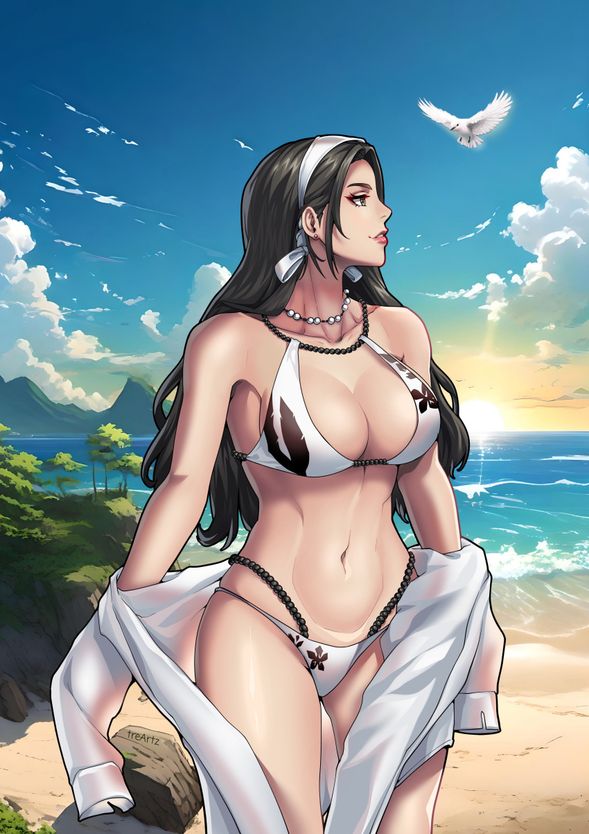 absurdres artist_name beach bird black_hair bra breasts dove female headband highres holding holding_unworn_clothes jewelry kazama_jun large_breasts long_hair midriff navel necklace panties sky solo tekken tre_artz tree underwear upper_body white_bra white_headband white_panties