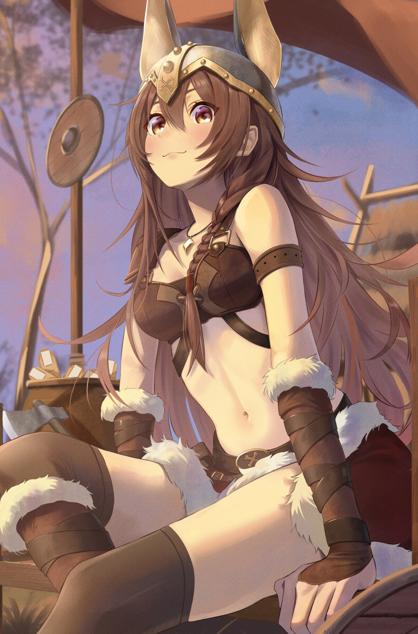 :3 absurdres animal_ears_helmet animal_helmet armor bikini_armor boots bracer braid breasts brown_eyes brown_hair brown_thighhighs commentary_request double-parted_bangs female fur-trimmed_boots fur_skirt fur_trim hair_between_eyes highres hololive inugami_korone inugami_korone_(viking) jewelry leather_armor linea_alba long_hair medium_breasts messy_hair midriff miniskirt navel necklace official_alternate_costume official_alternate_hairstyle outdoors pauldrons red_skirt shield shoulder_armor side_braid single_pauldron sitting skirt solo thighhighs tree viking virtual_youtuber zote_illust