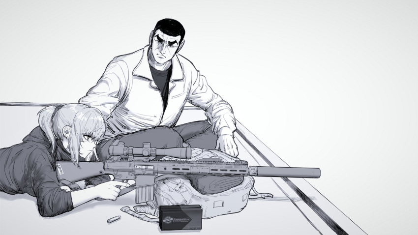 1boy aiming alma01 ammunition_box backpack bag commentary_request duke_tougou female golgo_13 gun holding holding_weapon hood hoodie indian_style leon_the_professional lying m110_sass on_stomach original ponytail rifle rooftop scope shell_casing signature sitting sleeves_rolled_up sniper_rifle sniping suppressor thick_eyebrows weapon