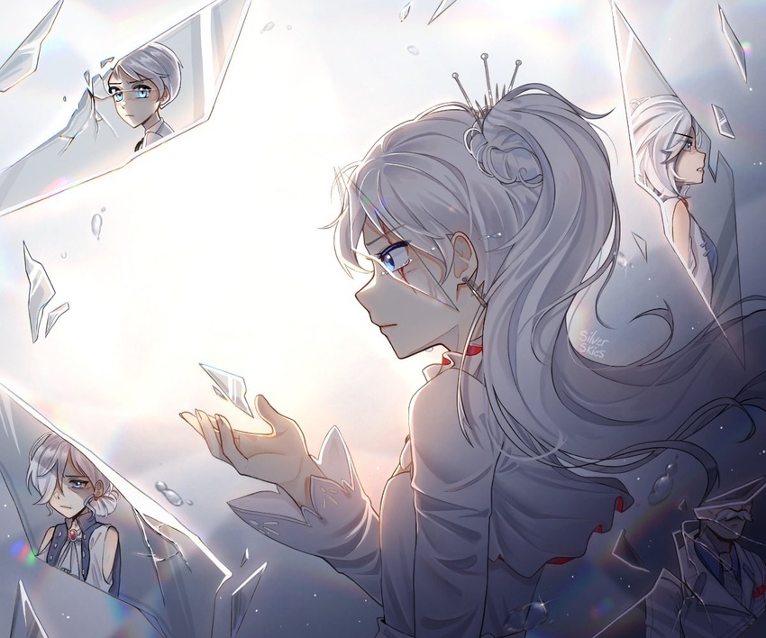 2boys 3girls artist_name blue_eyes broken_glass closed_mouth crack cracked_glass dress earrings english_commentary family floating_hair flying_teardrops from_side glass glass_shards hair_ornament hand_up head_out_of_frame jacques_schnee jewelry light long_hair looking_ahead multiple_boys multiple_girls profile reflection rwby scar scar_across_eye siblings side_ponytail silverskies sisters solo_focus teardrop tears tiara upper_body weiss_schnee white_dress white_hair whitley_schnee willow_schnee winter_schnee