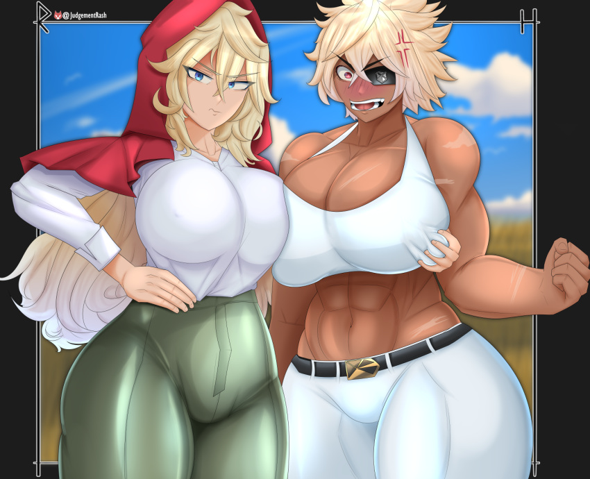 2girls abs angry breasts commentary debonair_diamond english_commentary grabbing grabbing_another's_breast grimm_(red_hood) highres huge_breasts multiple_girls muscular muscular_female nipples_pressed_together rashjudgement red_hood red_hood_(kawaguchi) scar sky teasing thick_thighs thighs tomboy wide_hips yuri