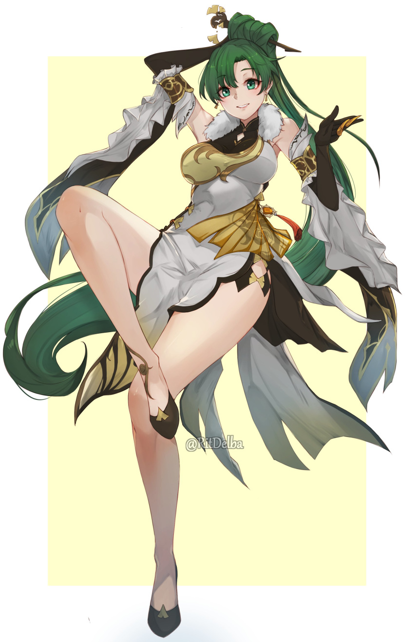 absurdres arm_behind_head artist_name bare_legs breasts china_dress chinese_clothes claw_ring commentary cosplay dress earrings elbow_gloves female fire_emblem fire_emblem:_the_blazing_blade fire_emblem_heroes full_body fur_trim genshin_impact gloves green_eyes green_hair hair_ornament hand_up highres jewelry lips long_hair looking_at_viewer lyn_(fire_emblem) medium_breasts ningguang_(genshin_impact) ningguang_(genshin_impact)_(cosplay) parted_lips ponytail ritence shoes simple_background smile solo thighs very_long_hair watermark