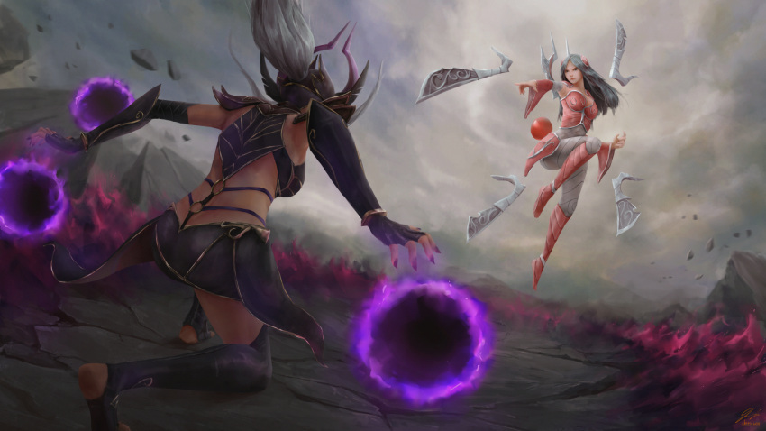 2girls armor back battle black_hair breastplate breasts cheesewoo debris energy_ball faulds fighting_stance fingerless_gloves fire firing floating floating_hair floating_object floating_sword floating_weapon from_behind full_body glaring gloves hair_ornament hair_through_headwear helmet highres irelia jumping league_of_legends leather_armor leather_skirt long_hair looking_at_another magic multiple_girls on_one_knee outstretched_arm purple_nails red_armor rubble shoulder_armor signature smoke sword syndra vambraces weapon white_hair winged_helmet