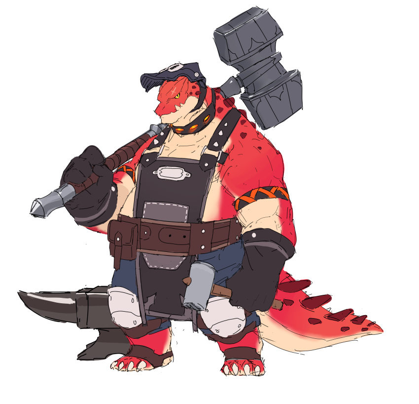 2022 absurd_res anthro anvil biped blacksmith hammer hi_res humanoid_hands kemono male maul musclegut muscular red_body scalie simple_background solo tools weapon white_background yed