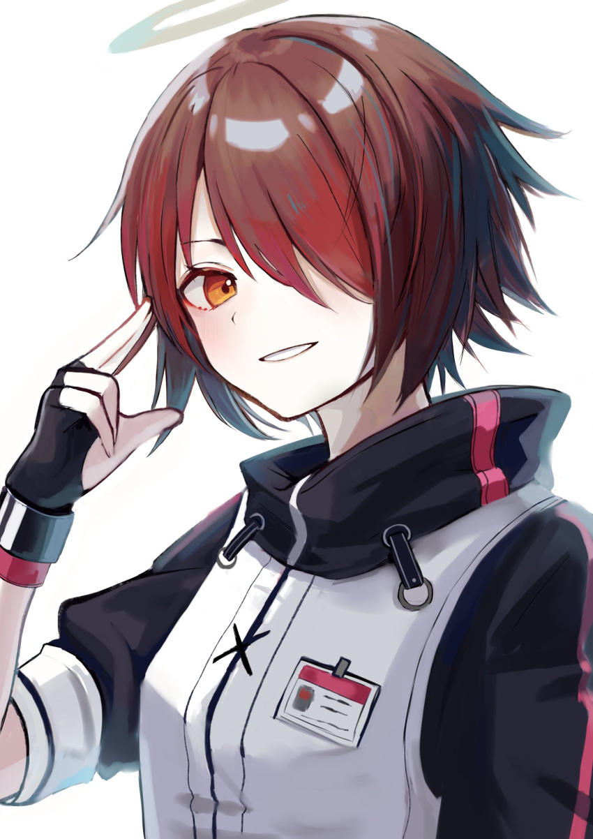 arknights azuazu_0405 black_gloves exusiai_(arknights) female fingerless_gloves gloves hair_over_one_eye halo highres id_card jacket orange_eyes parted_lips red_hair short_hair simple_background solo upper_body white_background white_jacket wristband