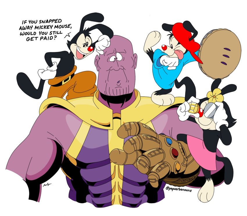 2020 abs animaniacs animaniacs_(2020) anthro black_body black_fur clothing crossover dessert dialogue dot_warner english_text female food fur group hi_res hulu humanoid infinity_gauntlet inkblot male mammal marvel open_mouth open_smile pastry pepverbsnouns pie power_stone_(marvel) purple_body purple_skin reality_stone_(marvel) simple_background smile soul_stone_(marvel) space_stone text thanos tongue tongue_out wakko_warner warner_brothers yakko_warner