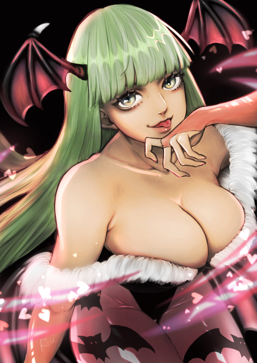 :3 absurdres animal_print arm_at_side artist_name bare_shoulders bat_print bat_wings black_background black_leotard blunt_bangs breasts bridal_gauntlets cleavage collarbone commentary_request cowboy_shot demon_girl eyelashes female floating_hair fur-trimmed_leotard fur_trim glowing green_eyes green_hair hand_to_own_mouth hand_up head_wings heart highleg highleg_leotard highres large_breasts leaning_forward leotard looking_at_viewer low_wings morrigan_aensland multicolored_eyes off-shoulder_leotard off_shoulder orange_bridal_gauntlets pantyhose pink_lips print_pantyhose purple_pantyhose purple_wings rui_(user_wyxs8384) signature simple_background smile solo standing straight_hair thighs tongue tongue_out vampire_(game) wings yellow_eyes