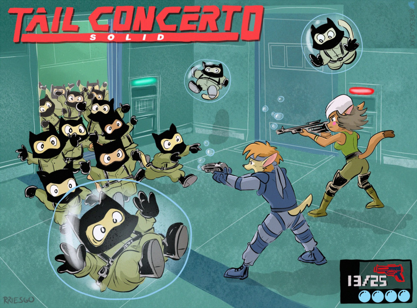 alicia_pris anthro bubble canid canine canis cosplay crossover crossover_cosplay cyberconnect2 domestic_dog felid feline female firing_weapon group gun hi_res konami little_tail_bronx male male/female mammal meryl_silverburgh metal_gear military ranged_weapon rriesgo soldier solid_snake tail_concerto waffle_ryebread warrior weapon