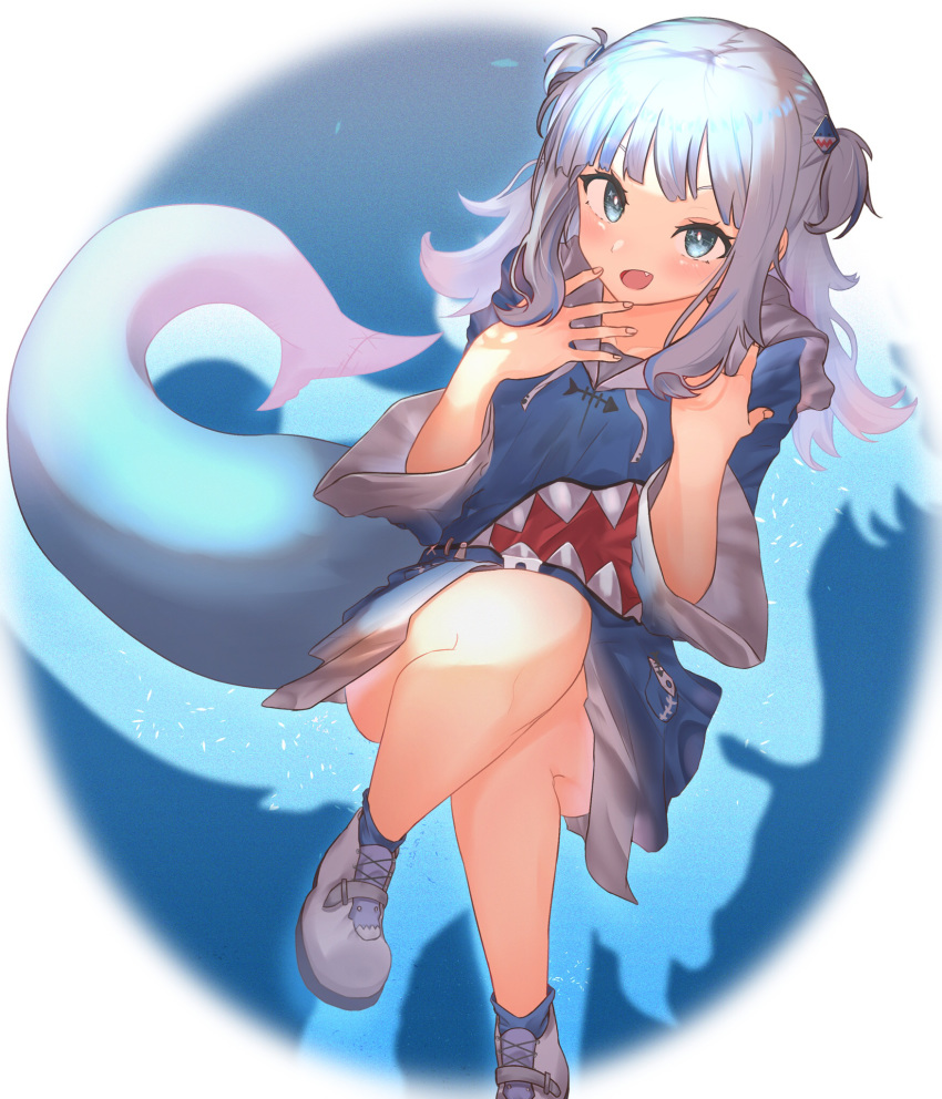 female fingernails fins fish_tail full_body gawr_gura gawr_gura_(1st_costume) green_eyes grey_hair hands_up highres hololive hololive_english hood hoodie knee_up legs long_hair oerba_yun_fang open_mouth round_image shark_tail sheiou shoes sidelocks solo tail two_side_up virtual_youtuber