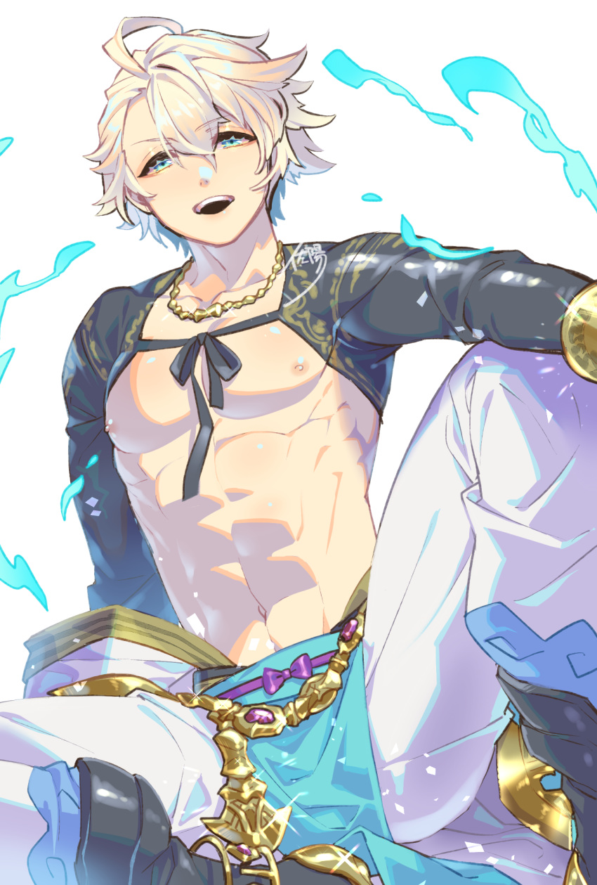 1boy abs ahoge aladdin_(sinoalice) arabian_clothes bad_id bad_pixiv_id baggy_pants bare_pectorals blonde_hair blue_eyes boots chains gold happy highres jewelry looking_at_viewer male_focus nagatekkou necklace open_mouth pants pectorals short_hair simple_background sinoalice sitting skky3 solo toned toned_male waist_cape white_background