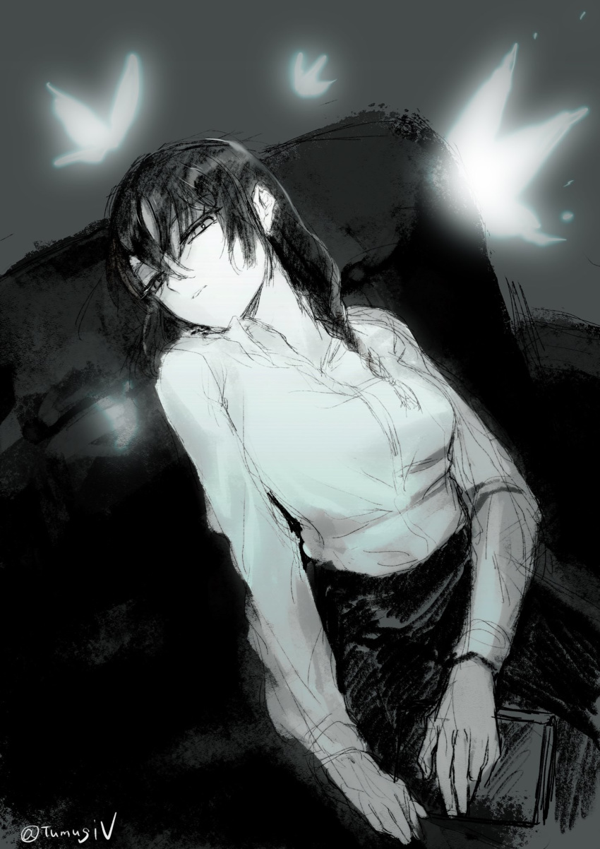 alter_ego_(game) book braid bug butterfly couch es_(alter_ego) female greyscale highres looking_at_viewer lying monochrome mugitarou shirt single_braid solo