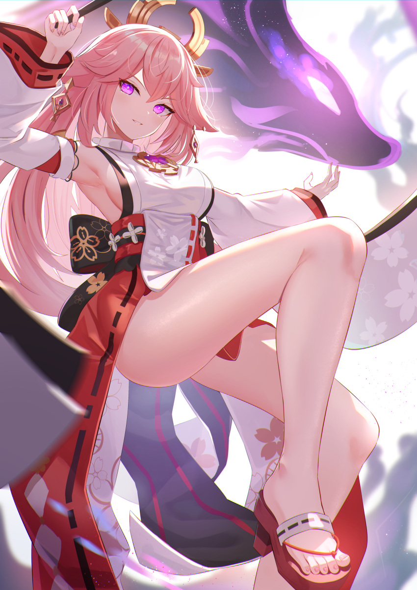 absurdres animal_ears arm_up armpits bare_legs bare_shoulders breasts commentary detached_sleeves earrings feet female fox_ears genshin_impact grin hair_ornament highres japanese_clothes jewelry knee_up large_breasts legs long_hair long_sleeves looking_at_viewer mirufuaa nail_polish obi outstretched_arm pink_hair pink_nails platform_footwear purple_eyes sandals sash sideboob smile solo thighs toenail_polish toenails toes wide_sleeves yae_miko zouri