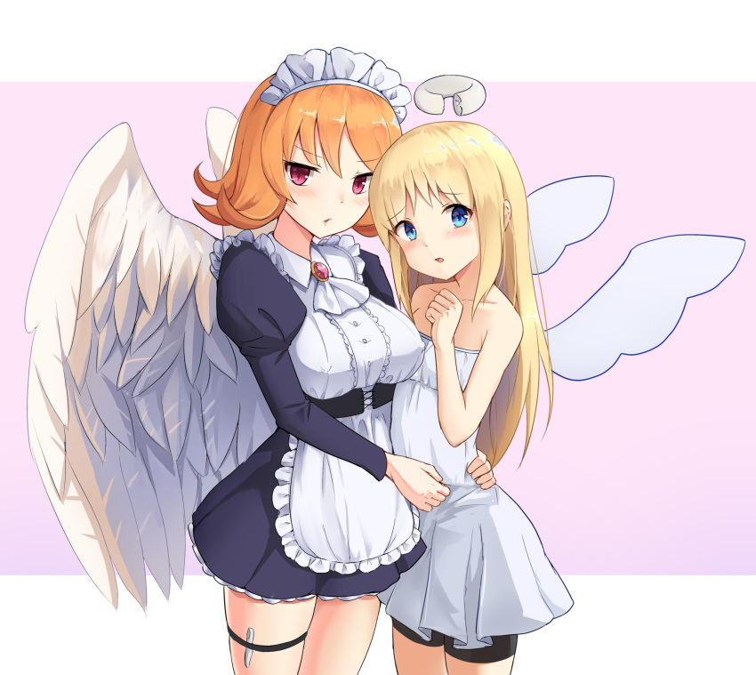 1other angel angel_wings apron bare_shoulders bike_shorts black_dress black_shorts blonde_hair blue_eyes breasts broken_halo commentary_request corset covered_nipples crimvael danraz0r dress feathered_wings female flipped_hair frilled_apron frills frown gem halo hand_on_another's_hip highres hug ishuzoku_reviewers large_breasts long_hair long_sleeves looking_at_viewer maid_headdress meidri monster_girl orange_hair puffy_long_sleeves puffy_sleeves red_eyes short_dress short_hair shorts smile standing strapless strapless_dress thigh_strap very_long_hair waitress white_apron white_dress white_wings wings