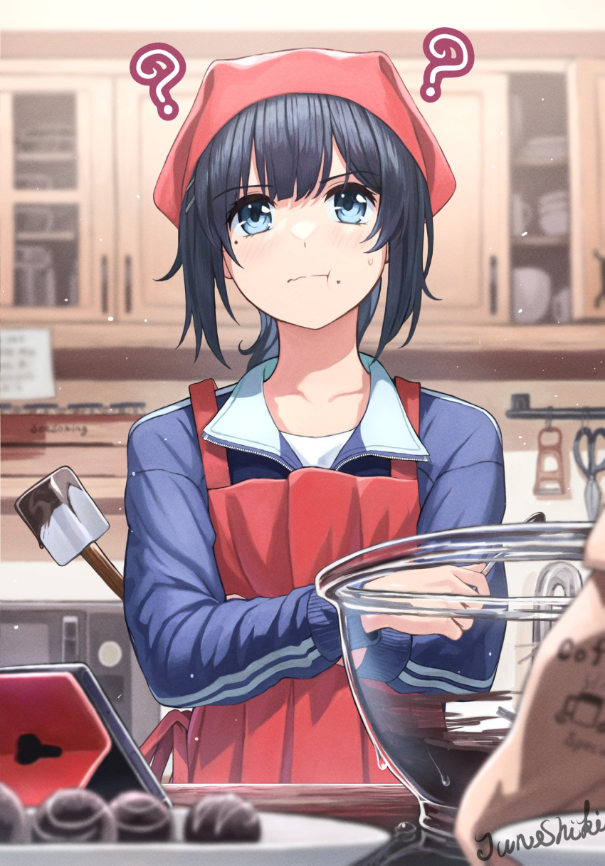 ? apron black_hair blue_eyes bowl chocolate chocolate_making commentary_request crossed_arms female glass_bowl highres junshiki kitchen original solo spatula spoon sweatdrop tablet_pc twitter_username