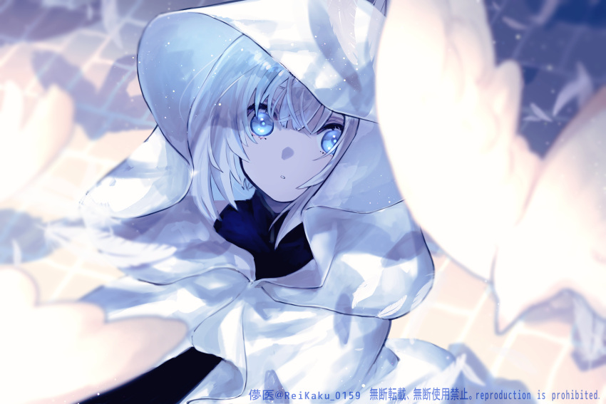 absurdres bad_id bad_pixiv_id bird blue_eyes blurry blurry_foreground coat commentary english_text eyelashes female grey_hair hair_between_eyes highres hood hood_up looking_at_viewer original parted_lips shadow solo sugomori_tsuru_(hana_tsuru_wo) upper_body white_coat white_hair