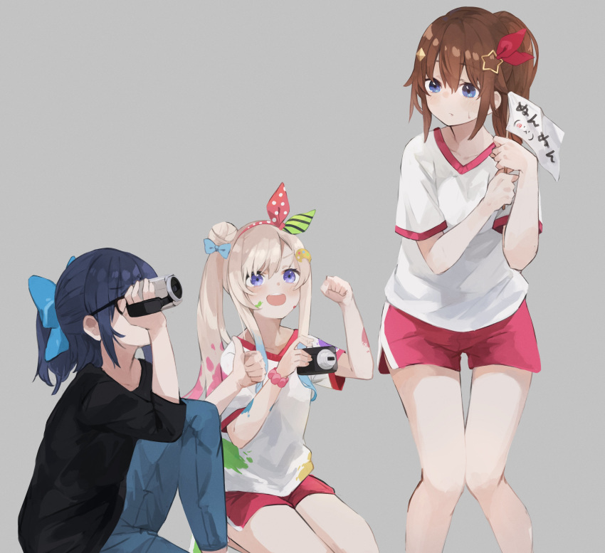 3girls a-chan_(hololive) absurdres airani_iofifteen alternate_costume alternate_hairstyle black-framed_eyewear black_shirt blonde_hair blue_eyes blue_hair bow brown_hair camera cheering clenched_hand collarbone denim digital_camera flag glasses grey_background gym_shirt gym_shorts gym_uniform hair_bun hair_ornament hair_ribbon hairbow hand_up highres holding holding_camera hololive hololive_indonesia jeans kase_(kurimuzone_oruta) knee_up kneeling long_hair looking_at_another multiple_girls nervous on_one_knee open_mouth paint_in_hair paint_on_body paint_on_clothes paint_splatter paint_splatter_on_face pants ponytail purple_eyes red_shorts ribbon scrunchie seiza shirt shorts side_ponytail sidelocks simple_background single_hair_bun sitting smile spread_legs star_(symbol) star_hair_ornament sweatdrop thumbs_up tokino_sora translation_request v-neck video_camera virtual_youtuber white_shirt wrist_scrunchie