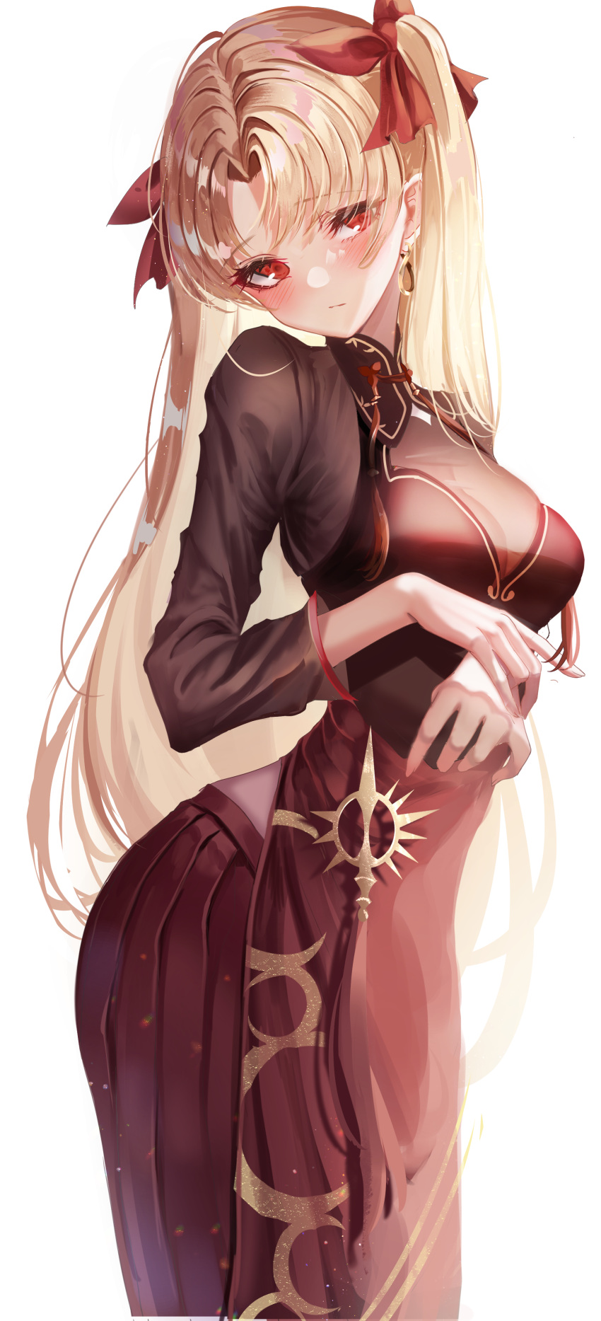 absurdres alternate_costume blonde_hair blush breasts chiachun0621 closed_mouth commentary dress earrings ereshkigal_(fate) ereshkigal_(youming_niangniang)_(fate) fate/grand_order fate_(series) female gold_earrings hair_ribbon head_tilt highres jewelry long_hair medium_breasts meslamtaea_(weapon) pelvic_curtain raised_eyebrows red_dress red_eyes red_ribbon ribbon simple_background solo two_side_up very_long_hair vietnamese_dress white_background